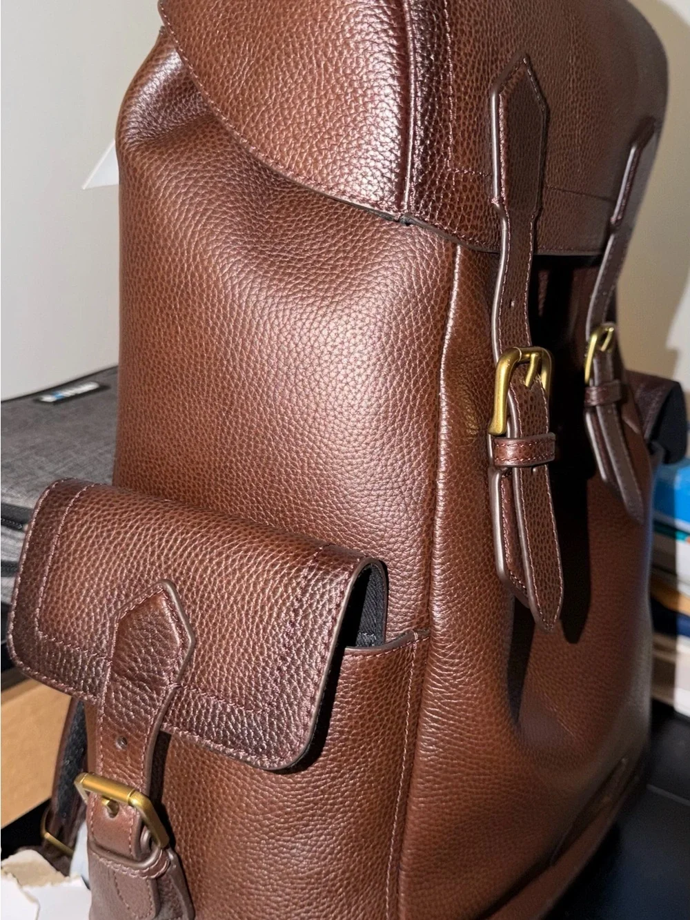 Ralph Lauren Dark Brown Pebbled Leather Backpack with Gold Buckles- Brand New